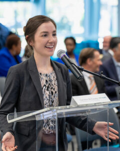 Caroline McCauley, a fourth-year PhD student speaks to the UNT Board of Regents