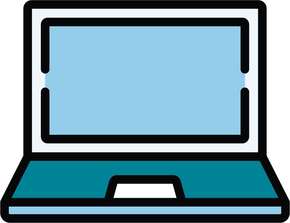 Blue icon of a laptop open with screen showing