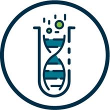 A circular blue icon showing a laboratory test tube containing a stylized DNA double helix. Small bubbles rise above the tube, suggesting active analysis or experimentation. The design uses shades of blue and green on a dark background and represents genomics, molecular biology, or genetic research.
