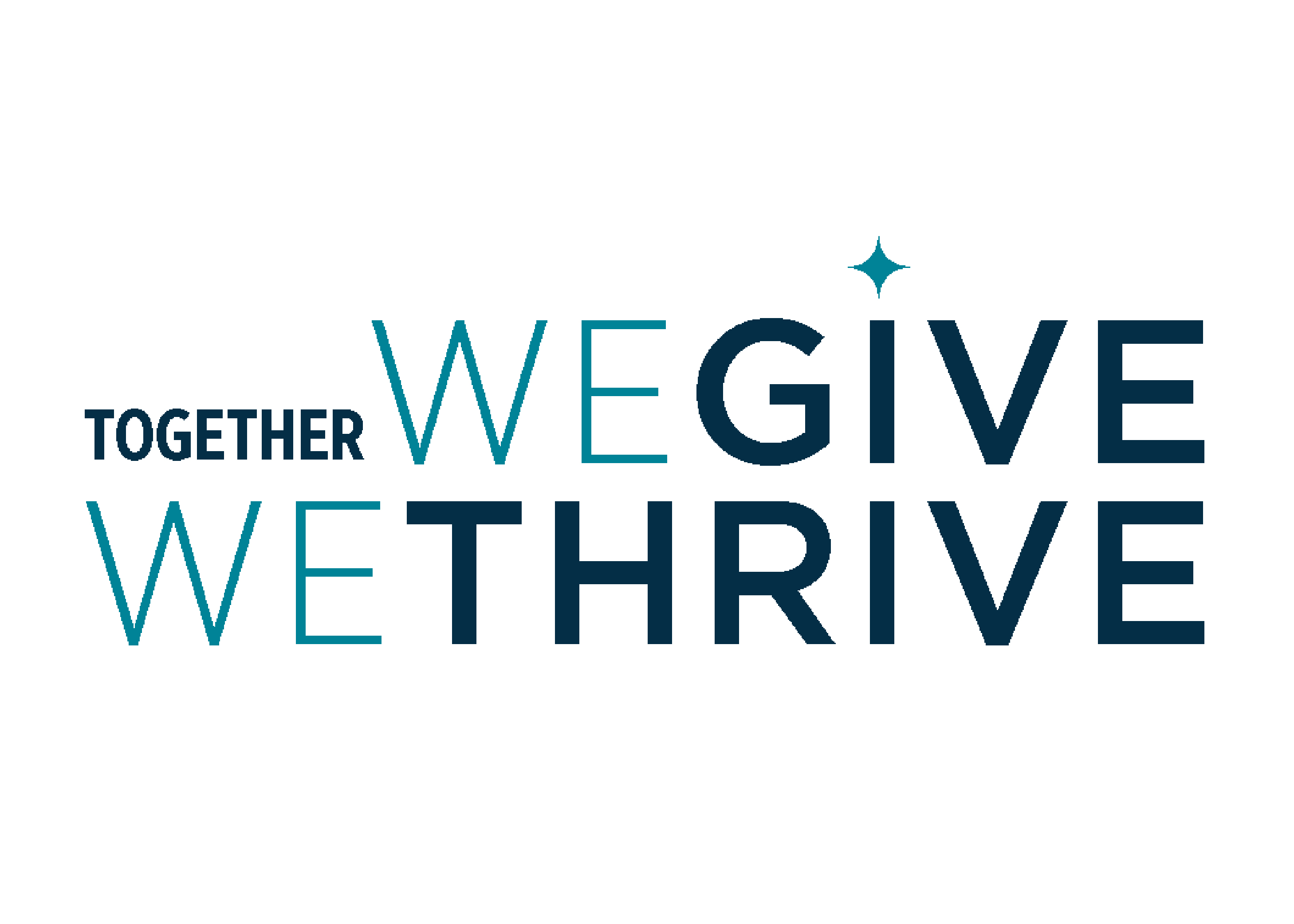 We give, we thrive decorative logo with navy blue text
