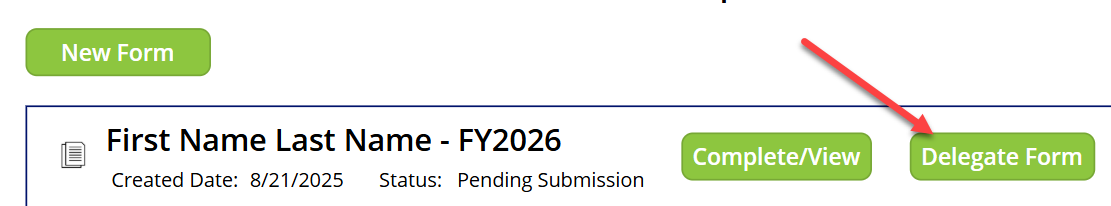 an arrow pointing to the delegate form button near the first name last name heading