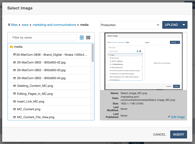 Modern Campus modal box with options to select and insert an image