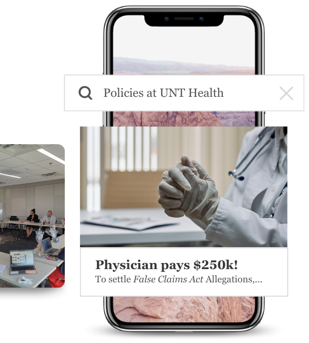 A search box displays “Policies at UNT Health,” while directly beneath it, there’s a news post featuring a photo of a doctor with their hands clasped, accompanied by the headline “Physician Pays $250K!” These elements are positioned on top of a cell phone.