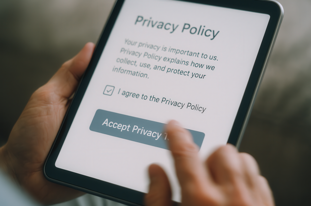 Tablet displaying a privacy policy agreement.