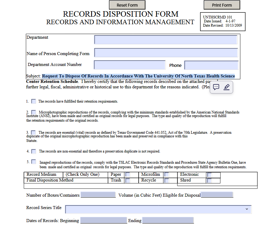 A "Records Disposition Form" for the University of North Texas Health Science Center. It includes fields for department, person’s name, phone, and checkboxes.