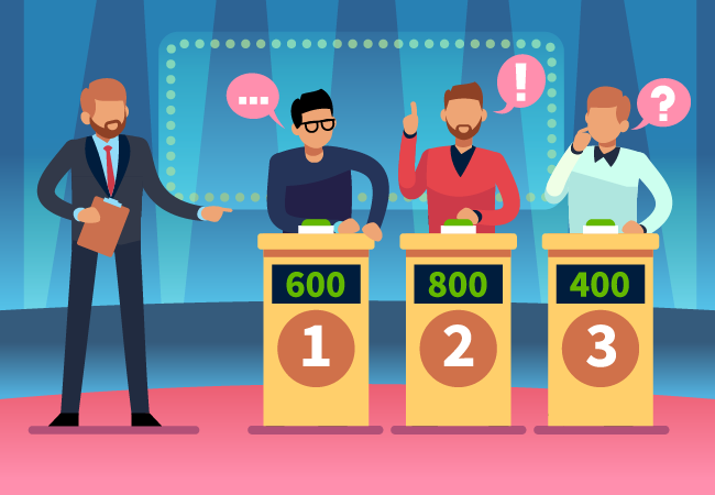 Animation of host and contestants on a game show