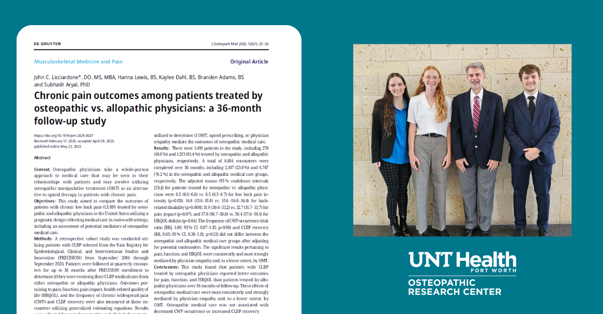 The image shows the front page of an article on the left side. On the right-middle portion of the image, there is a photo of the article’s authors. The individuals pictured, from left to right, are: Hanna Lewis, Kaylee Dahl, John C. Licciardone, and Branden Adams. The fifth listed author, Subhash Aryal, is not pictured.