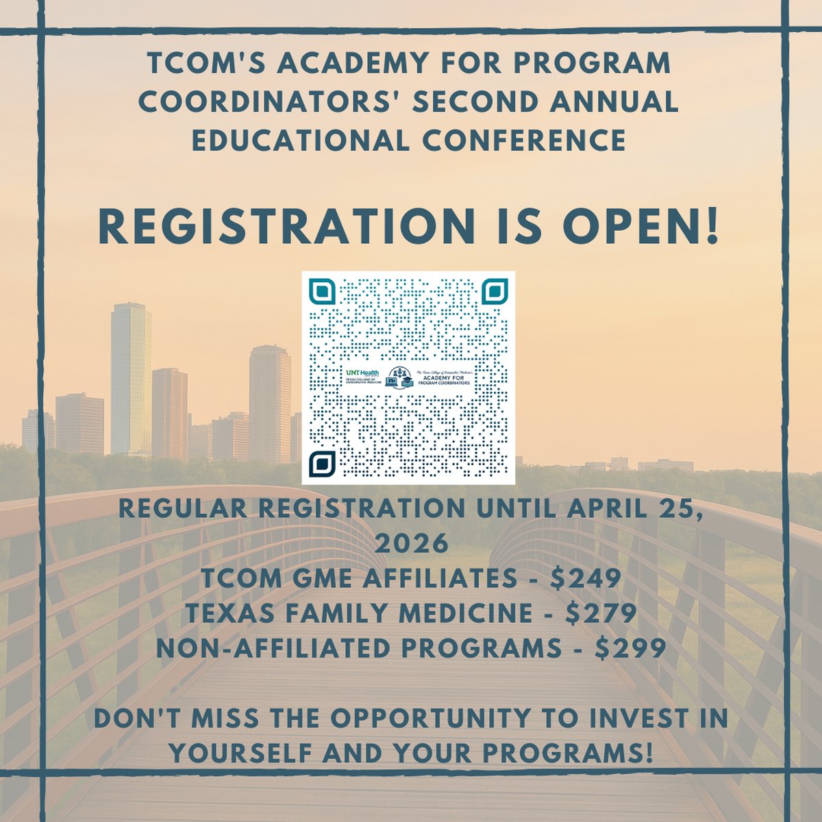 TCOM Academy for Program Coordinators conference. Registration open through April 25, 2026. Pricing listed with QR code.