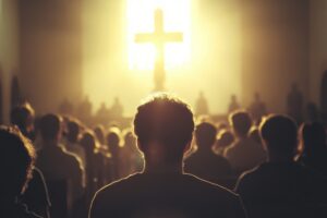 This Serene Image Captures The Silhouette Of Worshippers Before A Glowing Cross, Evoking A Sense Of Spirituality, Community, And The Peaceful Ambiance Of Faith.